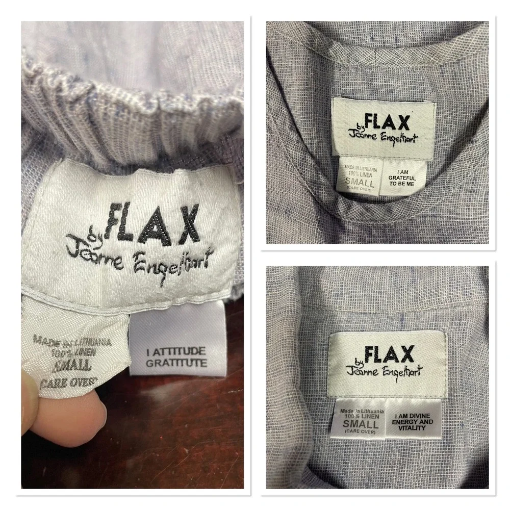 FLAX Jeanne Engelhart 3 Pc Blue 100% Linen Set Shirt Top Barrel Crop Pants S